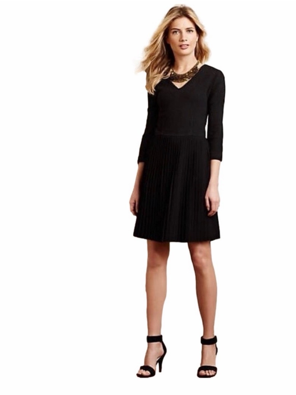 Ganni Black Long-Sleeve Pleated Fit-and-Flare Dress